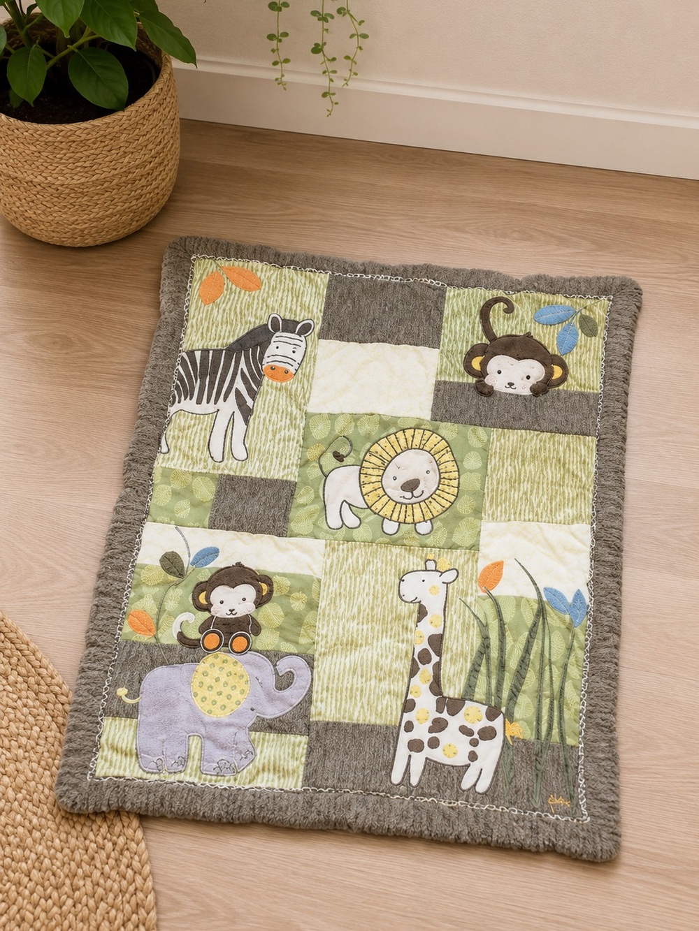CoCalo Sage Green Crib Quilt Monkey Elephant Giraffe Safari Nursery Blanket Cozy